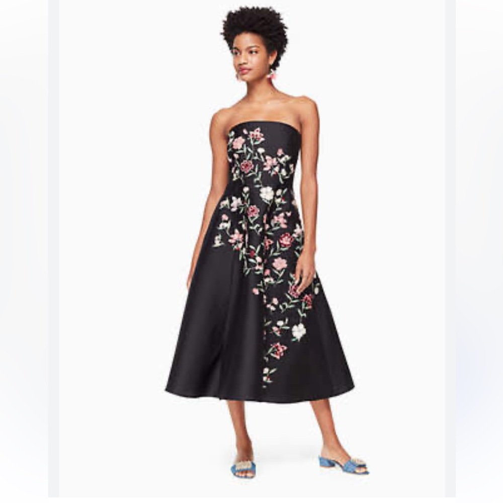 kate spade Black Strapless Floral-Embroidered Midi Dress